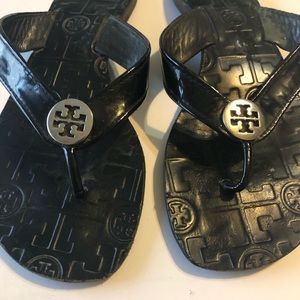 Tory Burch black leather flip flop sandals